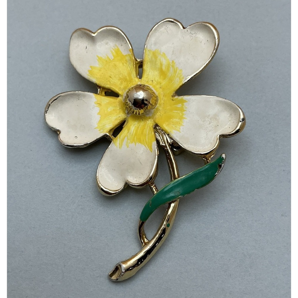 Vintage 1987 Costume Jewelry Brooch by Steven‎ Marc White Yellow 4 Leaf Clover